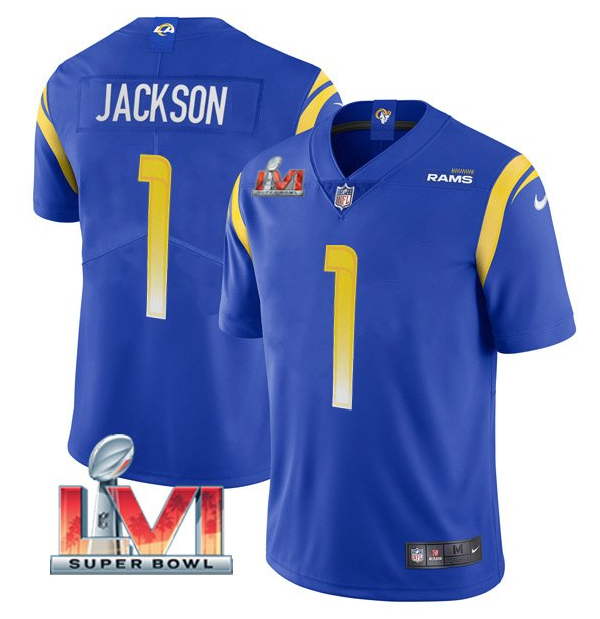 Men's Los Angeles Rams #1 DeSean Jackson 2022 Royal Super Bowl LVI Vapor Limited Stitched Jersey Men's Los Angeles Rams #1 DeSean Jackson 2022 Royal Super Bowl LVI Vapor Limited Stitched Jersey
